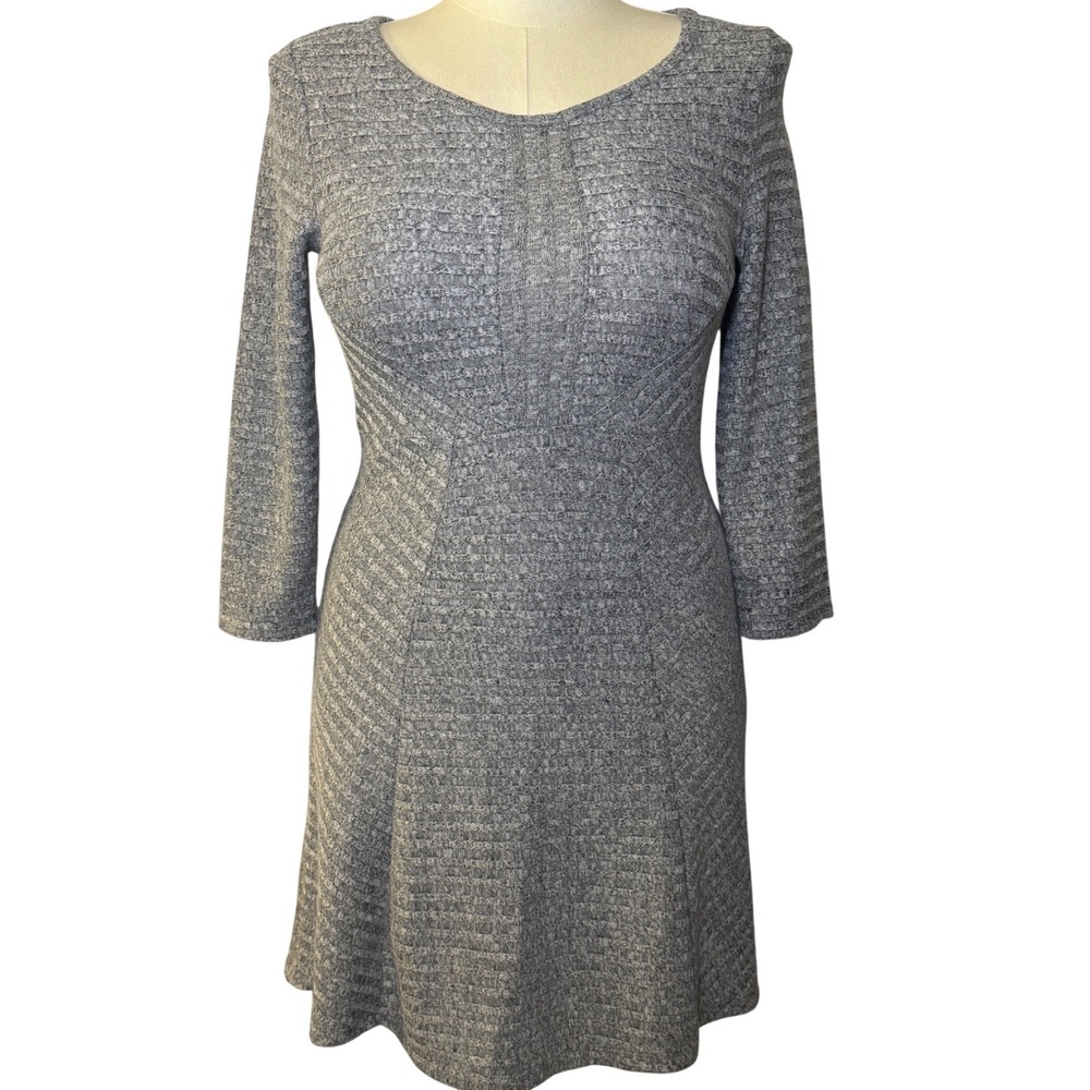 Cloud Chaser Women's Grey Marl Ribbed Fit & Flare 3/4 Sleeve Sweater Dress L